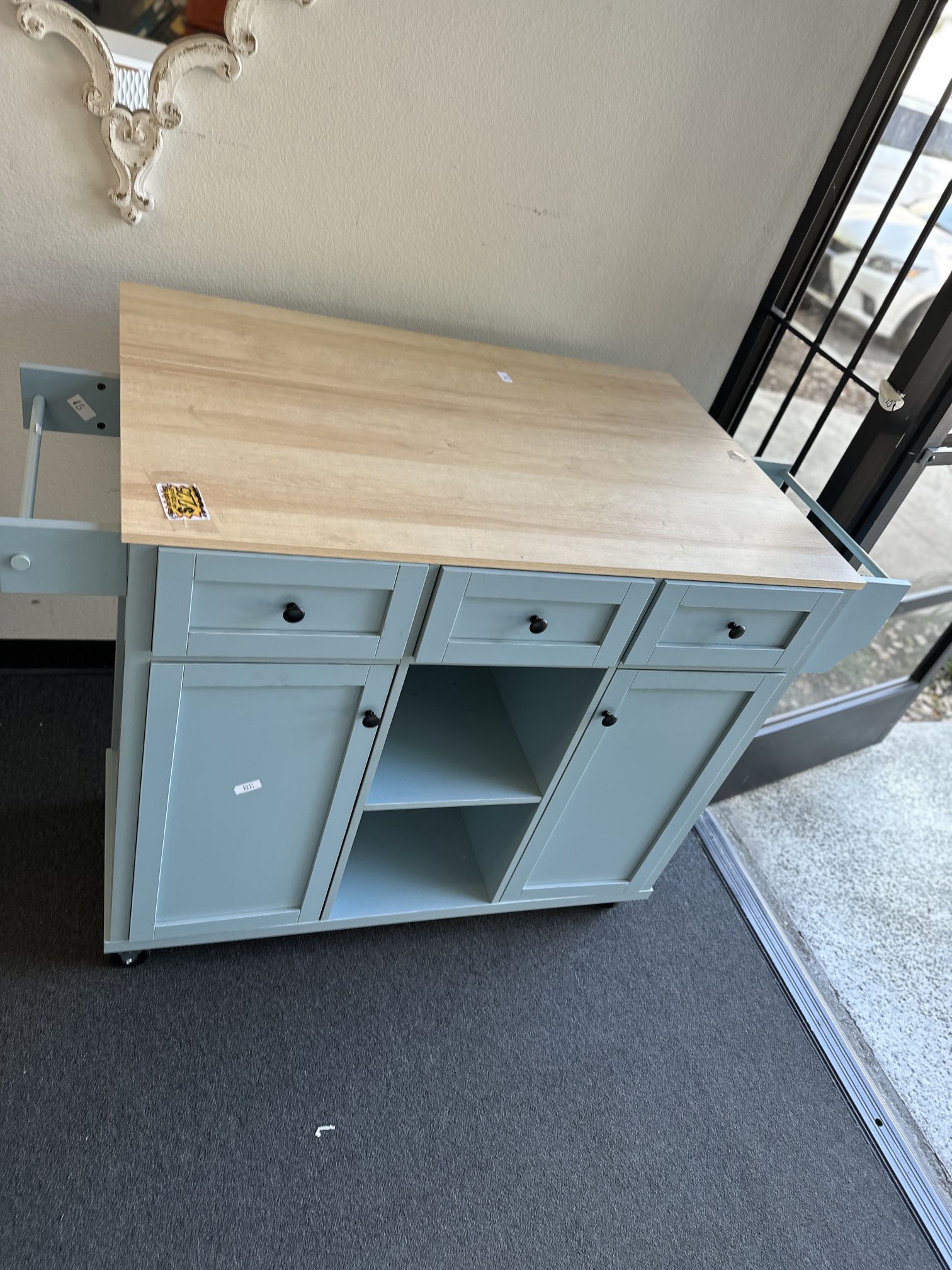 $195.00!! New Wooden Farmhouse Kitchen Island w/ Drop Leaf Countertop & Wheels Portable Rolling Island