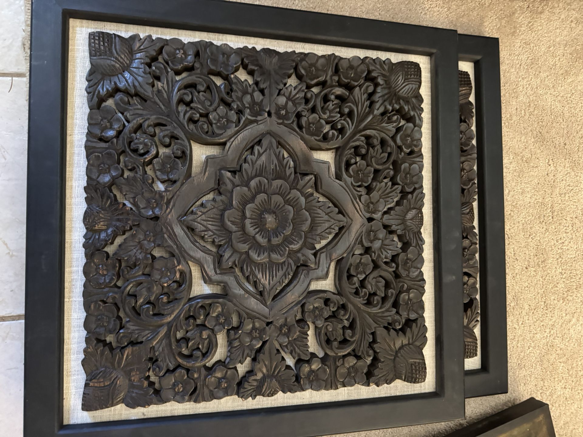 Wall Decor Carved Wood Dark brown Floral Set Of Two 23”