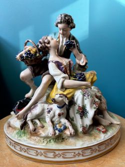 Vintage German Porcelain Rococo Figurine Couple with Dog