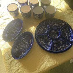 Blue Ceramic Mugs & Snack Set