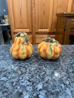 Autumn  Ceramic Pumpkins Salt and Pepper Shakers.  Size approximately 3 1/4 inches tall.  Preowned good condition no cracks and