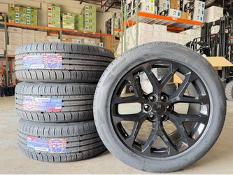 SET OF 22” GLOSS BLACK SNOWFLAKE WHEELS WITH 275/50R22 ALL SEASON 55K MILEAGE TIRES