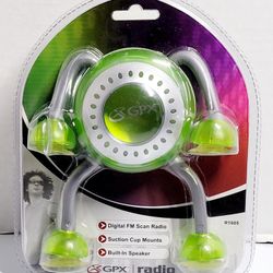 New Sealed GPX Neon Green Digital FM Scan Radio R1605TGRN W/ Suction Cup Mounts. The image shows a GPX R1605 Digital FM Scan Radio with Suction Cup Mo