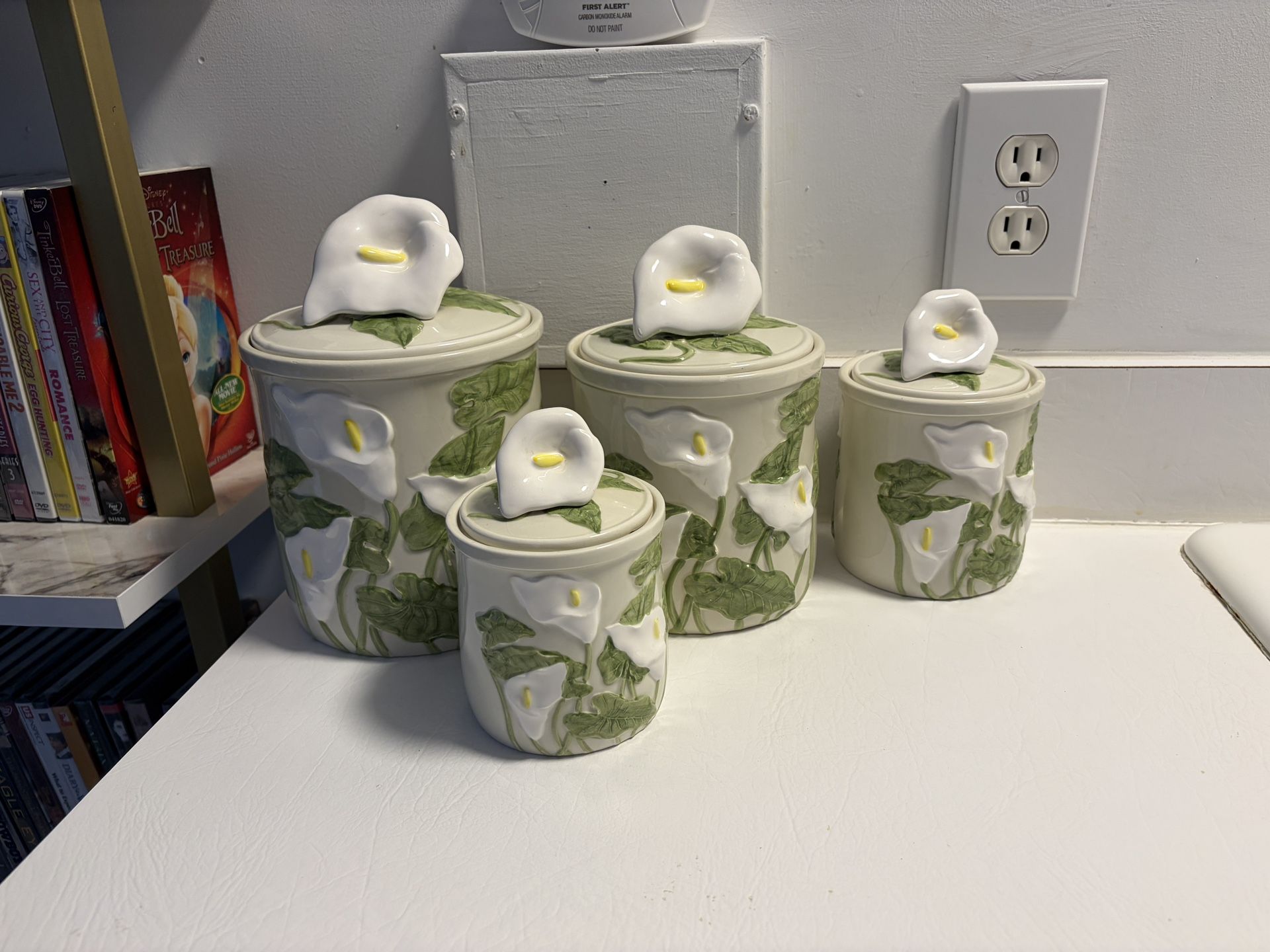 Four Loucarte Portugal Glazed Ceramic Canisters Featuring 3D Calla Lily Design