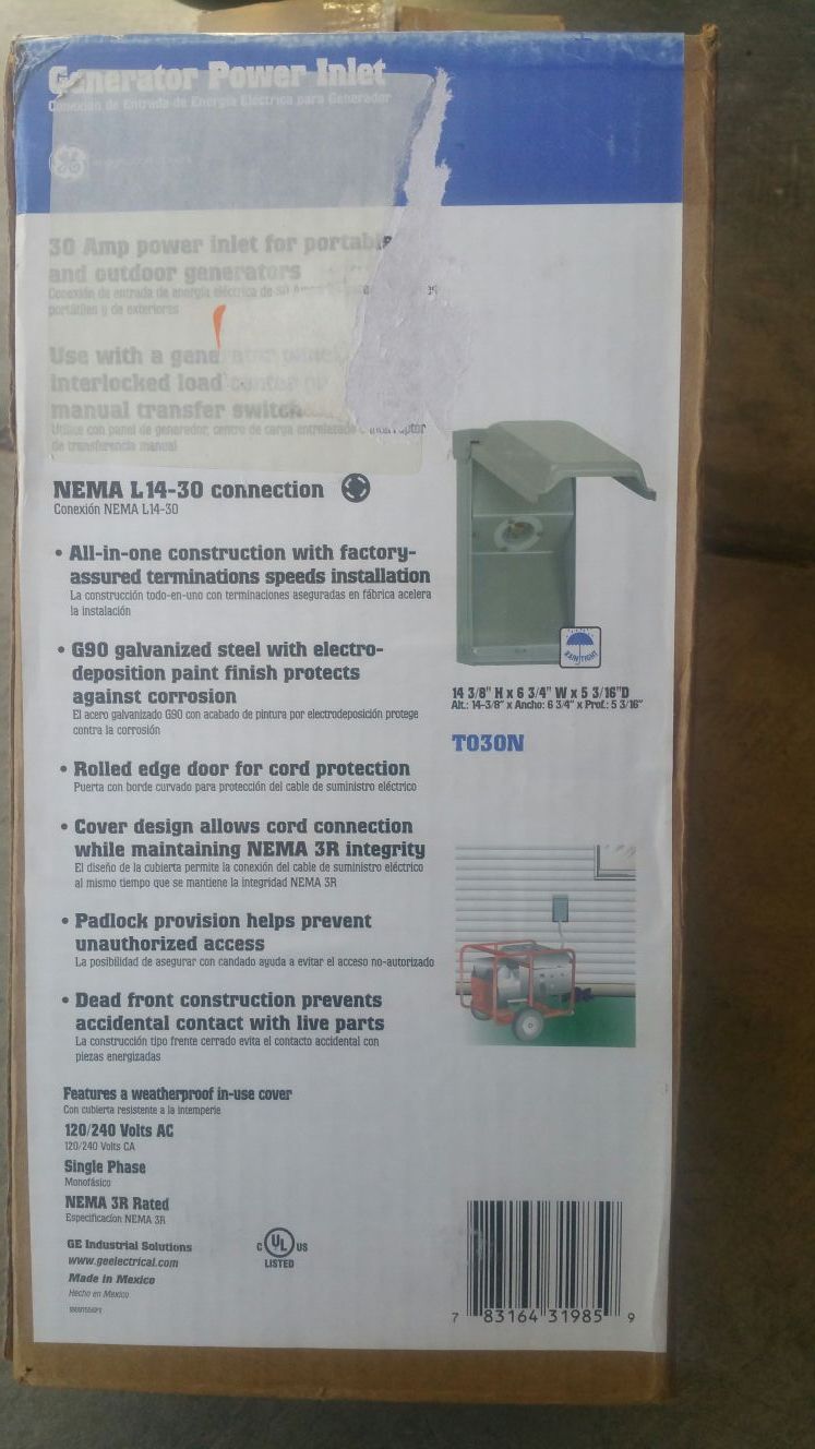GE 30 Amp temporary power inlet new T030N