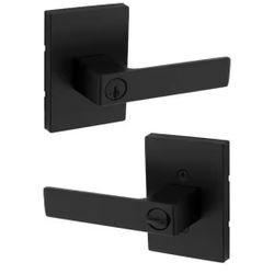 Kwikset Singapore Matte Black Reversible Rectangular Straight Keyed Entry Door Handle featuring SmartKey Technology