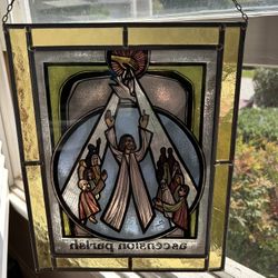 Vintage 60’s Stained Glass Handcrafted Signed Artist Sun-catcher Panel Lead Frame Heavy Ascension Pa