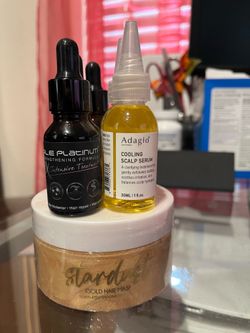Star dust gold conditioner,  Royale  platinum, hair strengthening oil, & adagio scalp oil