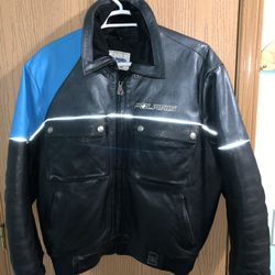 Polaris Hein Gericke Mens Snowmobile Biker  Black/Blue Leather ZipUp Jacket Sz L