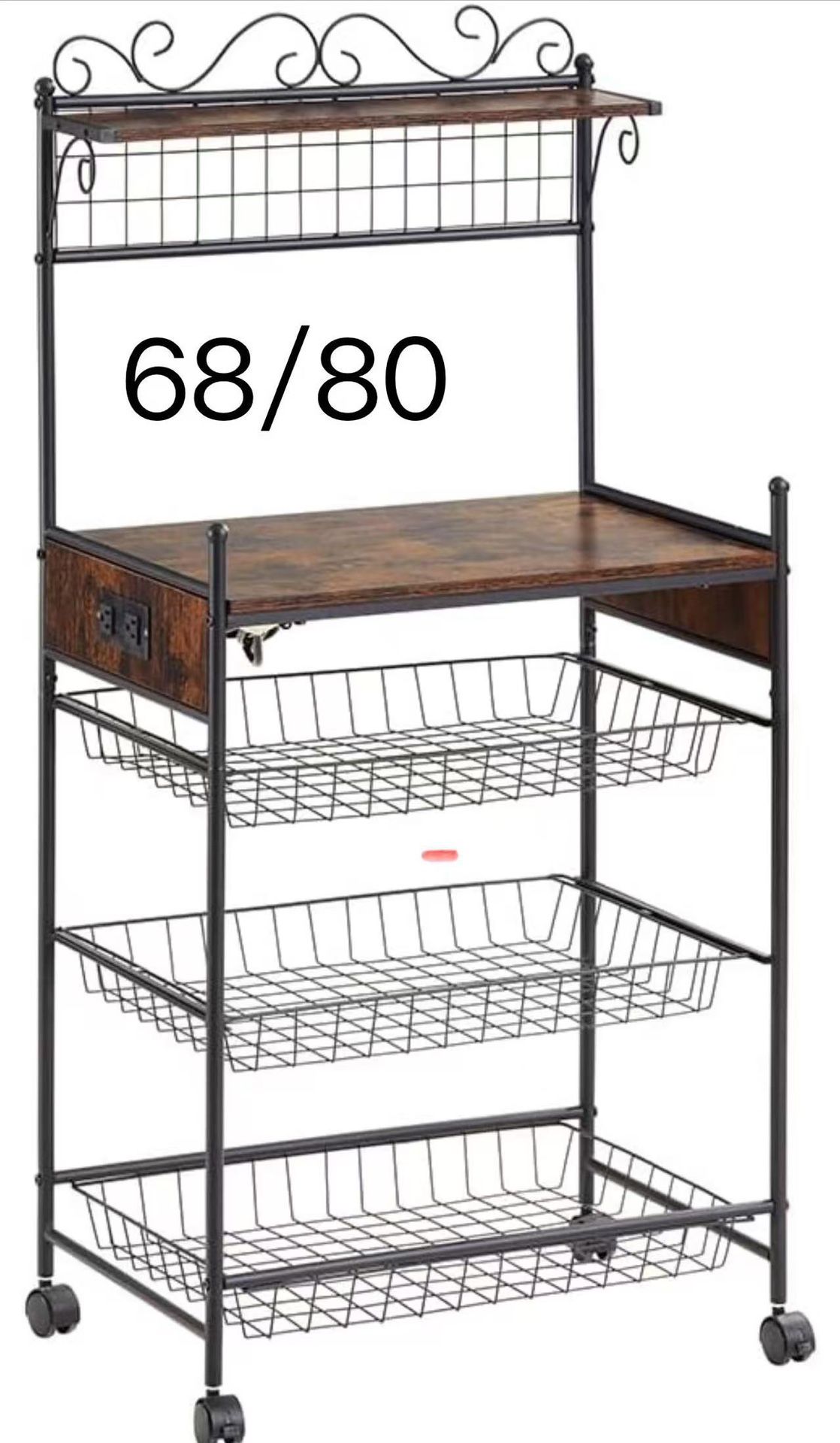 Kitchen Bakers Rack Removable Microwave Oven Stand with Wire Basket Wheels with Anti-Skid Locks Kitchen Storage Shelf Rack for Spices Pots Pans as Sho