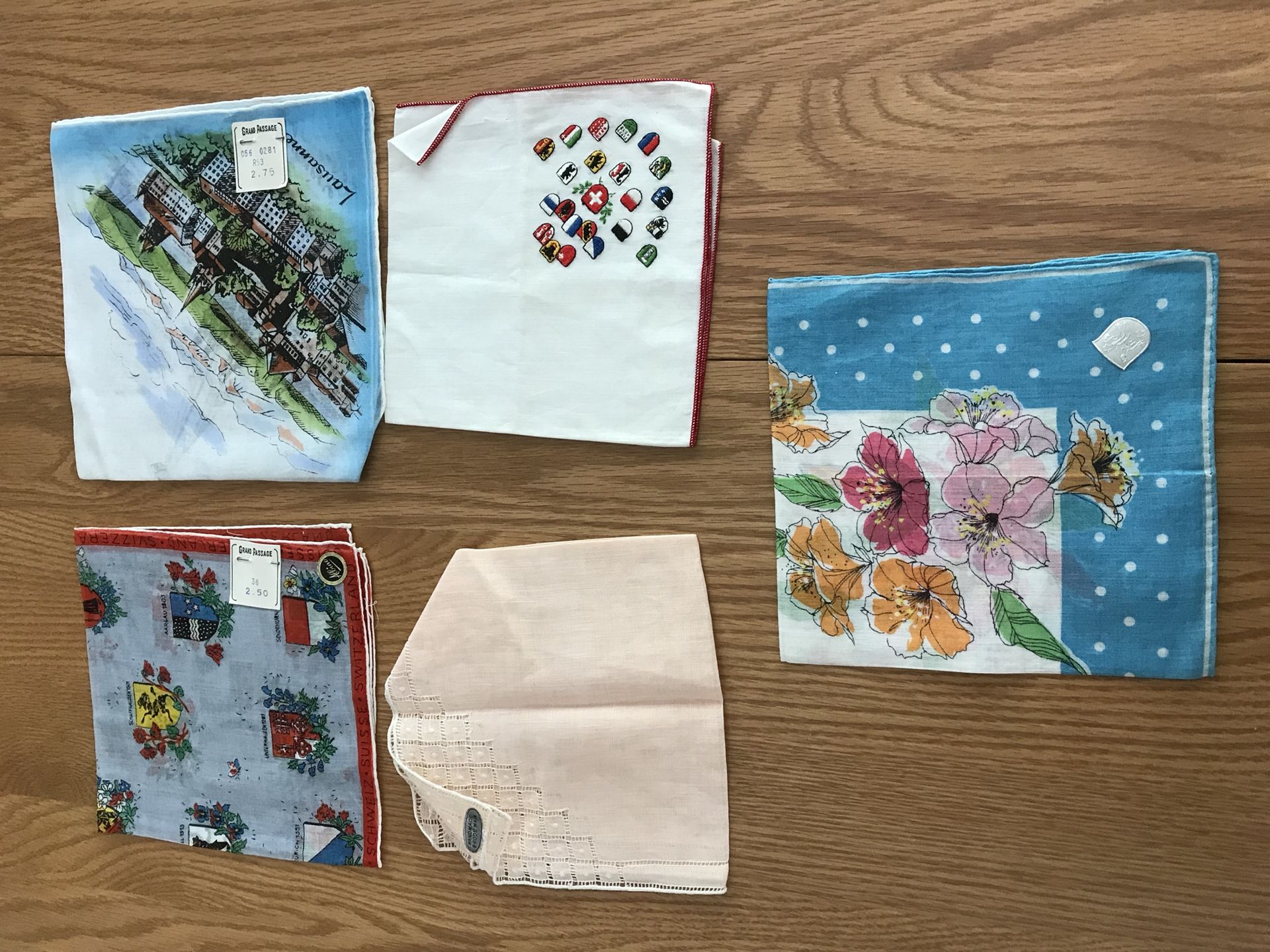 5 Vintage Swiss souvenir handkerchiefs