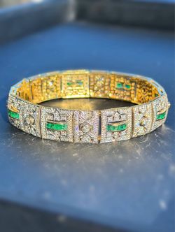 Art Deco Vintage 18k solid yellow gold Natural 5CTW Diamond 2.6CTW Emerald bracelet 7” 13mm