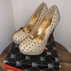 Studded Beige & Gold Heels Size 9