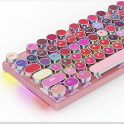 HUO JI Mechanical Gaming Keyboard Typewriter Style With RGB Side Lit And Rainbow Backlit, Retro Style, Blue Switches - Clicky, Metal Panel, Lipstick 1