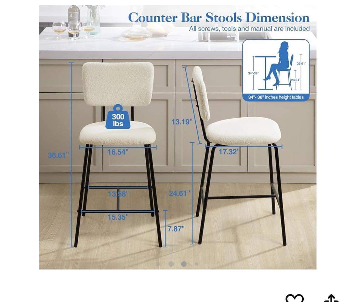 Modern Counter Height Bar Stools one- White Upholstered Boucle Barstools Armless Bar Chair with Metal Base for Kitchen, Bistro, Pub, Dining Room Coun