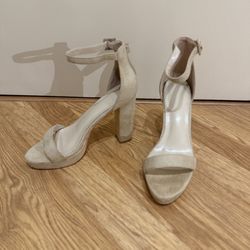 Azazie Nude Apricot Suede Platform Ankle Strap Heels - Size 37 / 6.5 (Pacific Beach)