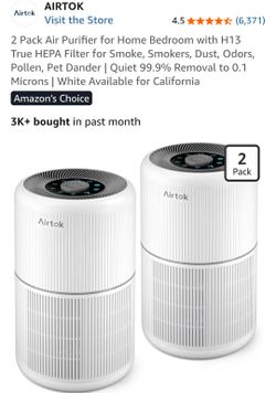 2 Pack Air Purifier for Home Bedroom with H13 True HEPA Filter for Smoke, Smokers, Dust, Odors, Pollen, Pet Dander | Quiet 99.9% Removal to 0.1 Micron
