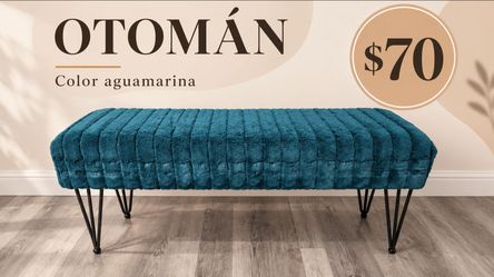 Teal Faux Fur Ottoman Bench with Hairpin Legs