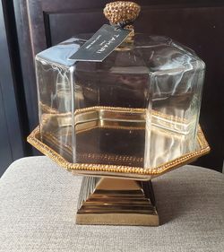 Rare Tahari Home Gold Rhinestone Glass Cake & Cheese Dome NEW with Tags