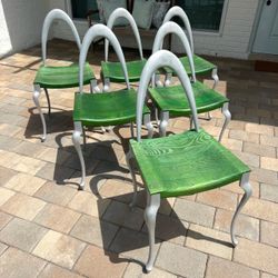 Rare Set of 6 vintage Sculptural Postmodern Green Wood & Aluminum Dining Chairs
