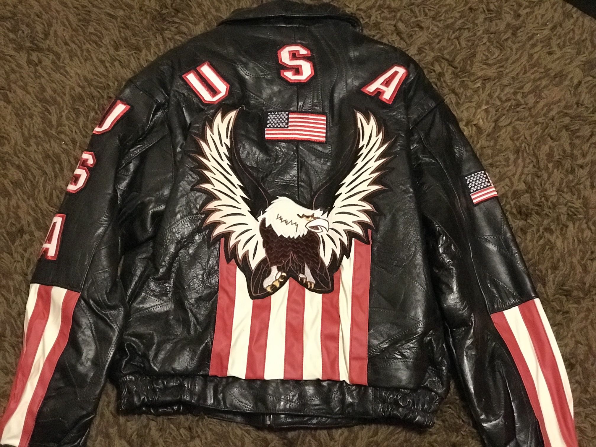 Leather Biker Jacket USA Harley American Flag