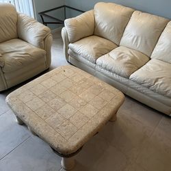 Leather Sofa, Chair, Stone Table 