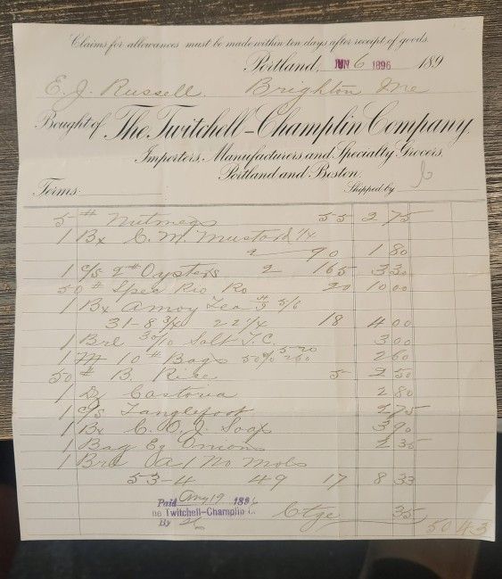 1896 Portland Maine Grocery Receipt See Ad