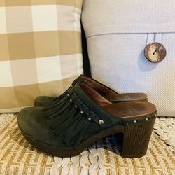 Women’s Dansko Deni Mule Green Fringe Tassel Chunky Heel Platform Size EU 40 US 9.5-10 