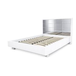 Mera White Lacquer Queen Platform Bed with Mirrored Headboard / Cama Blanca cabecera de Espejos