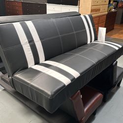 Leather Futon Couch Black With White Lines 
