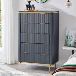 Fluted 5 Drawers Dresser for Bedroom, 48" Tall Modern Dresser Chest of Drawers, Gold Accents