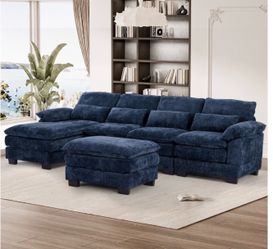 Navy Blue Chenille Sectional Sofa with Ottoman
