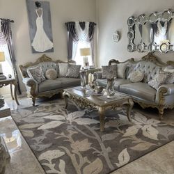 Sofa And Loveseat In Elegant, Gold, And Silver Like New $3300 That Comes With Coffee Table And 2 End Tables