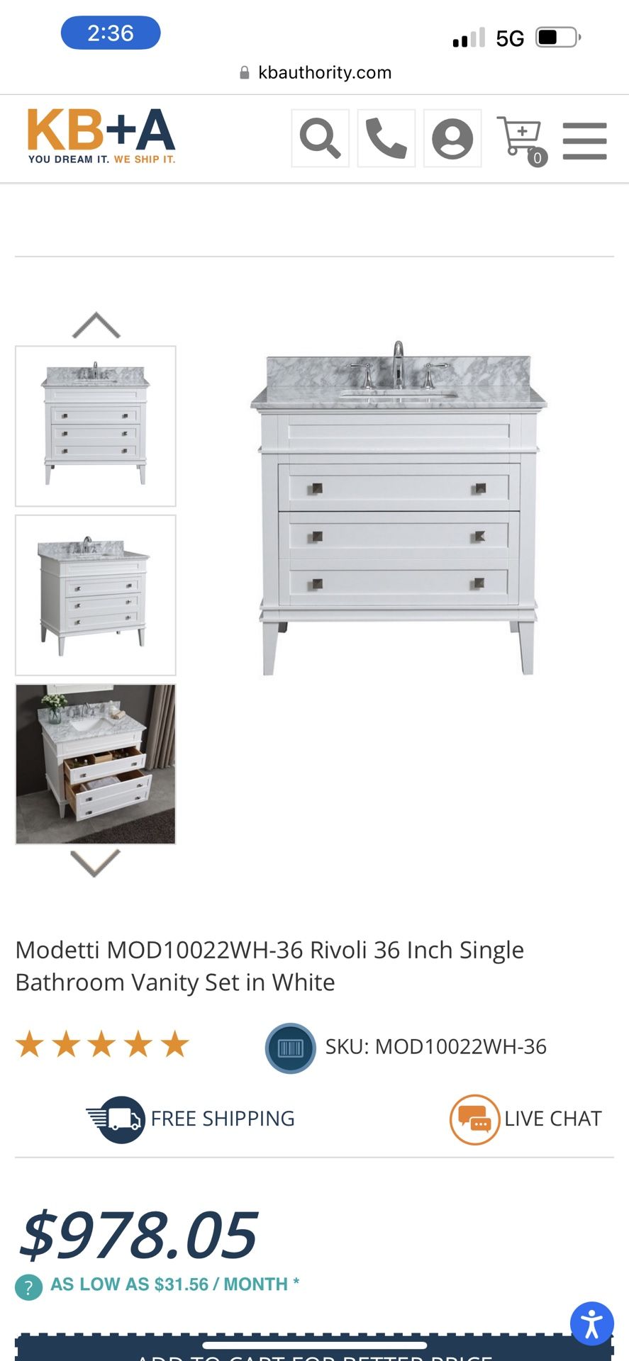 Modetti MOD10022WH-36 Rivoli 36 Inch Single Bathroom Vanity Set in White - source: https://www.kbauthority.com/modetti-mod10022wh-36-rivoli-36-inch-si