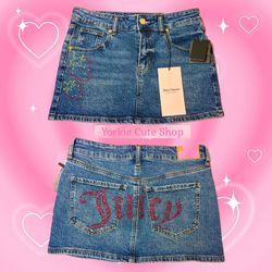 NWT Juicy Couture Rhinestone Strawberry Detail Denim Skirt