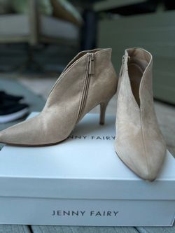Jenny Fairy Beige Suede Stiletto Ankle Boots, Pointed Toe, with Box