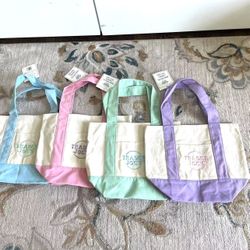 4x Trader Joe’s mini Canvas blue pink green purple shopping tote bags.