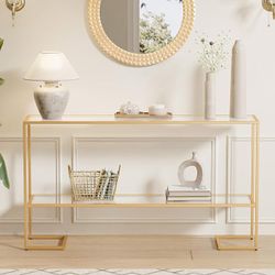 52" Entryway Table, 2-Tier Narrow Console Table, Tempered Glass Sofa Table with Metal Frame, Entry Table with Shelves, Console Tables for Entryway, Ha