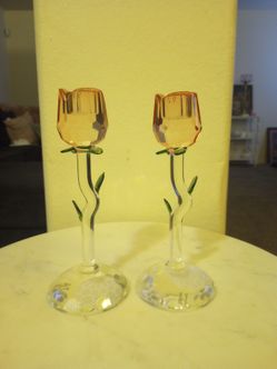 Crystal glass rose candle stick holders ( set)