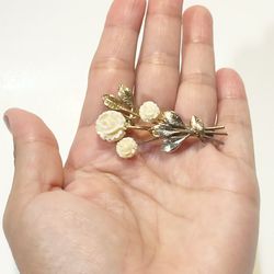 VTG Brooch Pin Gold and Silver  Tone and Carved Roses Ivory Color Celluloid