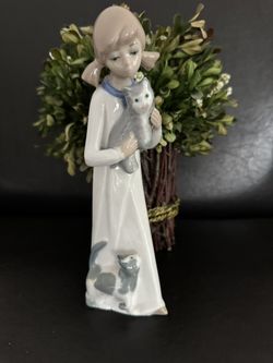 Casades Spain Porcelain Statuette Little Girl with Pigtails Holding Kitty Cats 1970s-1980's