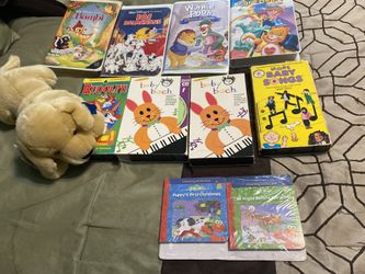 Baby tapes, books and stuffed animal