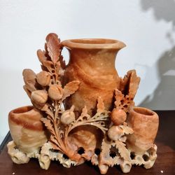 Vintage Chinese Soapstone Floral Carving Display Three Vase.