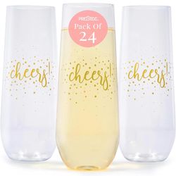 Prestee 24 Pack Stemless Plastic Champagne Flutes - 9 Oz Disposable Cheers Toast Cups for New Years Eve - Shatterproof Drinkware for Cocktails, and Mi