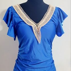 Women's Large Blue   One Piece Swim Suit With Crochet Trim 
