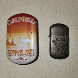 These items are Vintage Camel lighter & sausage can.