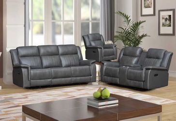 Grey Leather Power Reclining Sofa + Love seat