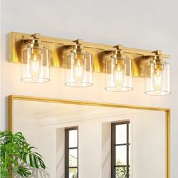 5917: New 4 Light Modern Bathroom Light Fixtures Over Mirror, Brass Finish Vanity Lights for Bathroom Wall Sconces with Clear Glass Shades, E26 Socket