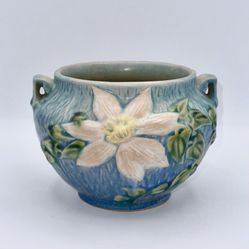 Vintage Roseville Clematis Blue Ceramic Flower Pot Art Pottery 