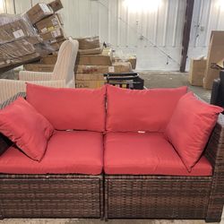  2-Piece Patio Rattan Loveseat - Sectional Corner Sofa Set w/Removable Cushions & Pillows, All Weather Furniture Set for Porch, Poolside, Balcony, Yar